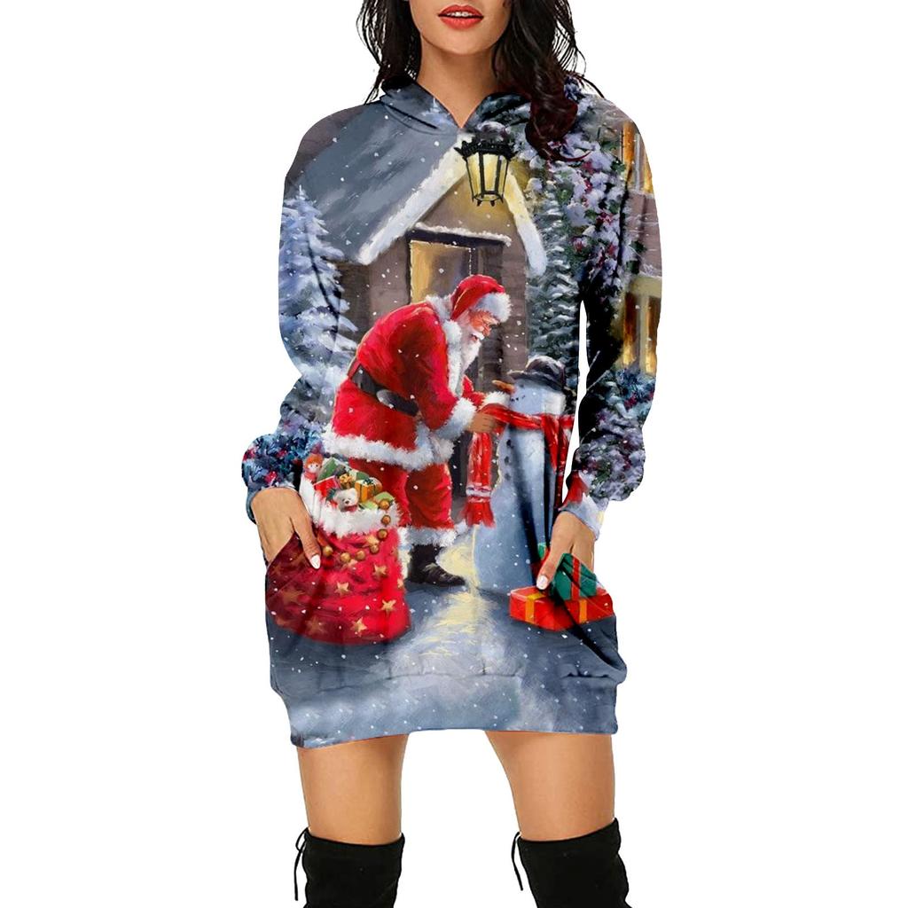 Women's Fashion Christmas Printed Pockets Long Sleeve Hoodies Pullover Dress