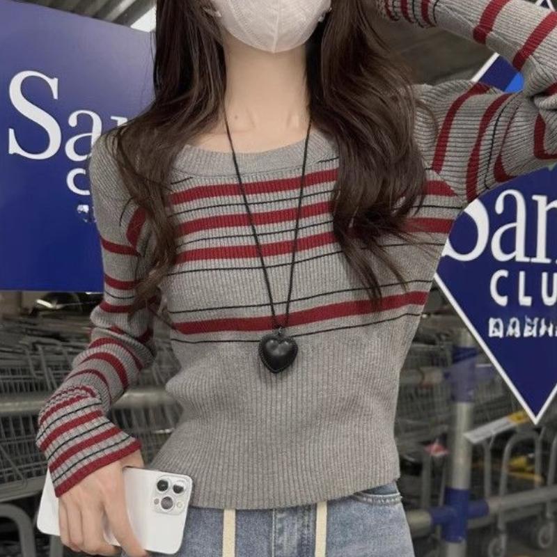 Gray Striped Round Neck Regular Shoulder Long Sleeve Niche Design Knitwear Women's Autumn Short Base Layer Inner Top
