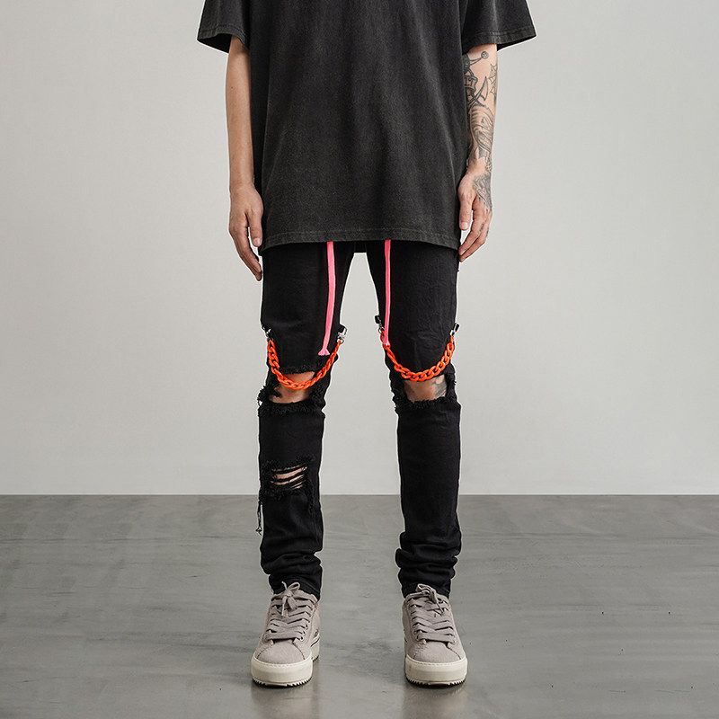 European and American High Street Style Chain-Decorated Slim-Fit Stretch Skinny Jeans Ins Trendy Rap Hip-Hop Drawstring Pants