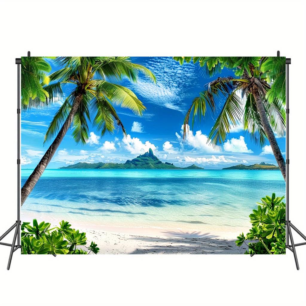 1pc Tropical beach polyester background - Holiday banners with palm trees and sea views parties weddings birthdays