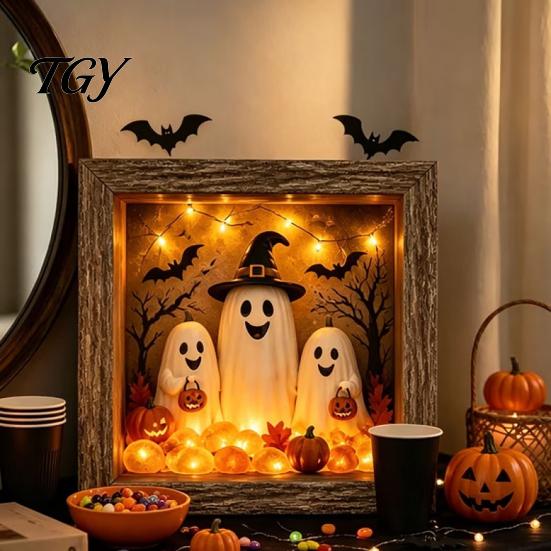 DIY Memory Box Display Lighted Halloween Ghost Shadow Kit, Wooden Frame LED Warm Light, Gothic Decorative Lamp with Crystal Glass Panel, Night