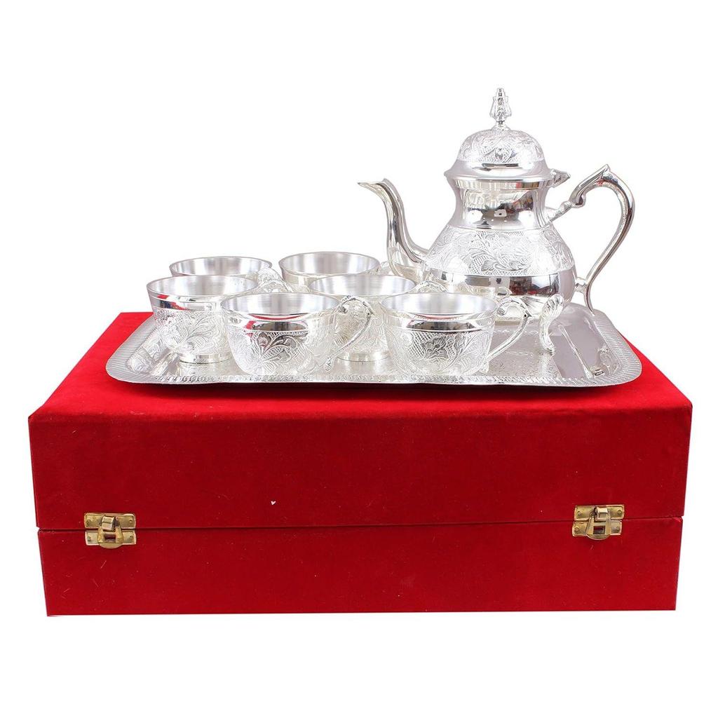 Посеребренный чайник с блюдом на 6 чашек и 1 подносом, сервировочная и столовая посуда, декоративный подарок на Дивали, 8 предметов, серебро