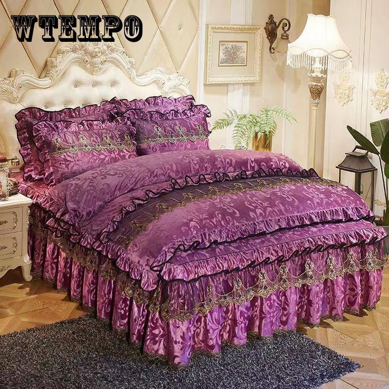 King Size/Queen Size/Twin Size Lace Bed Skirt Quilt Cover Pillowcase Four-piece Set Thickening Warm Bedroom Simple Bedding High Quality Autumn Winter