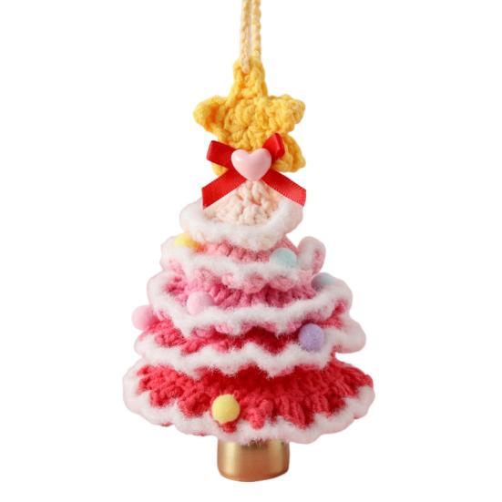 Handmade Mini Knitted Christmas Tree Ornament Multi-Layered Crochet Snow Flocked Tree with Gold Bells And Star Top for Christmas Home Decor