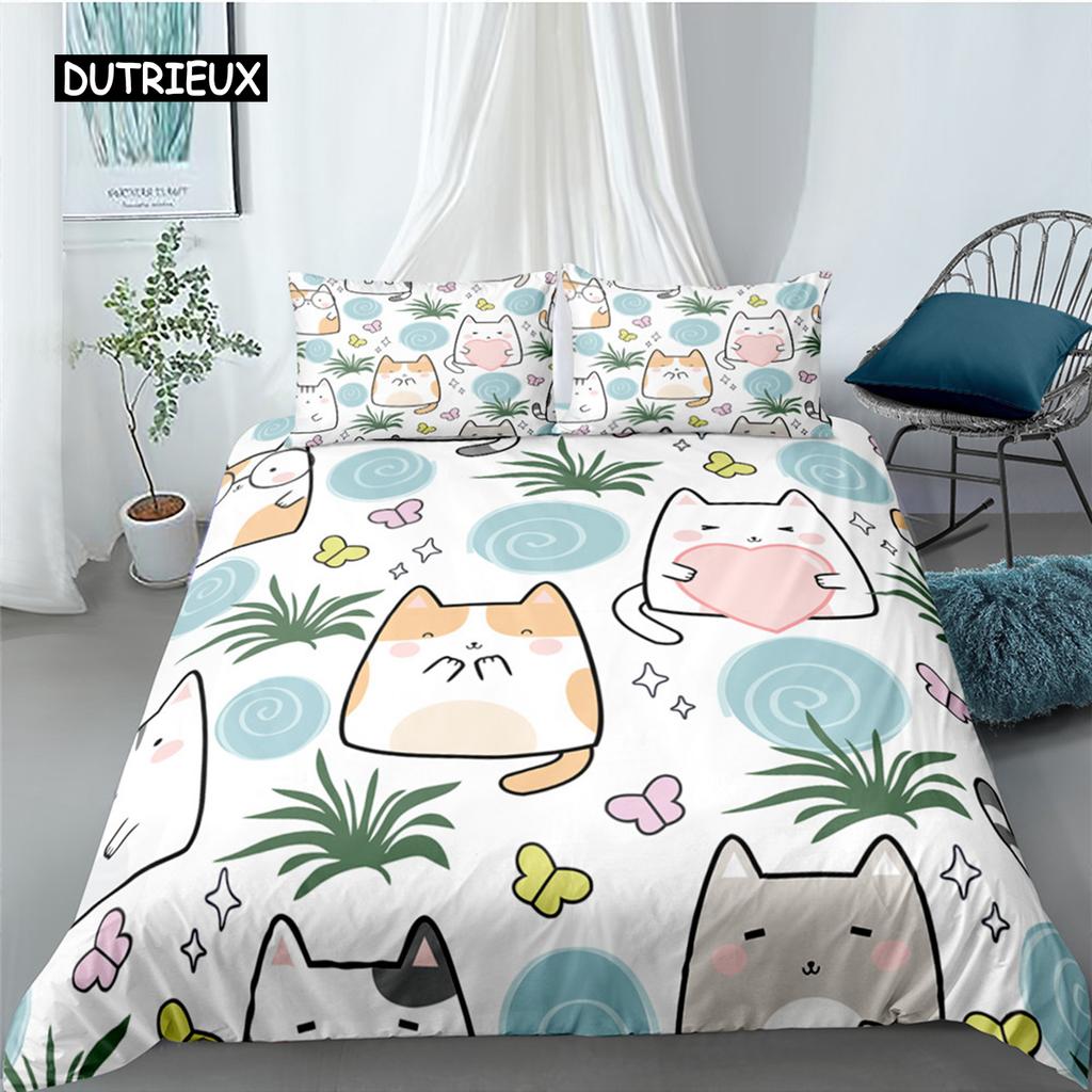 Cartoon Cat Duvet Cover Set for Kids Girl Microfiber Kitten 2/3pcs Cartoon Animal Bedding Set Single Twin Queen King Quilt Cover