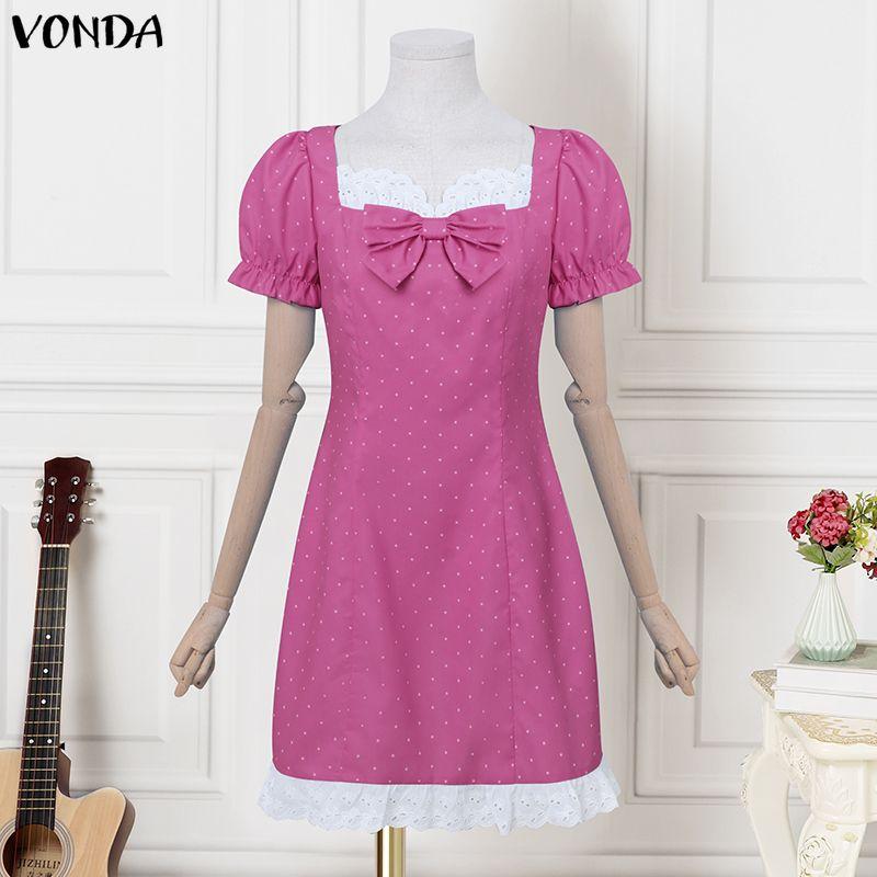 VONDA Женское повседневное мини-платье с квадратным вырезом, короткими рукавами-буфами, бантом и принтом в горошек