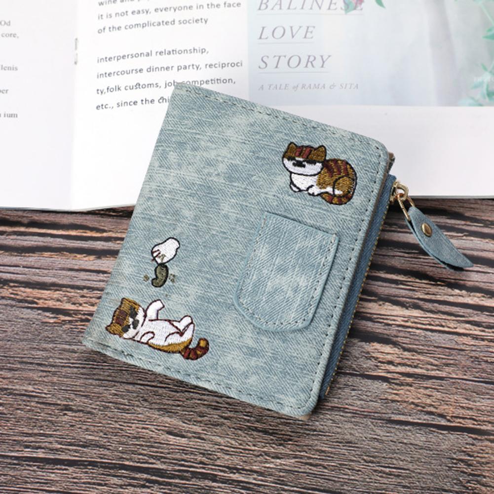 Women's Denim Style Cat Embroidery Wallet Wear-Resistant Ultra-thin Coin Purse for Bag Shoulder Bag Wallet Coin Purse