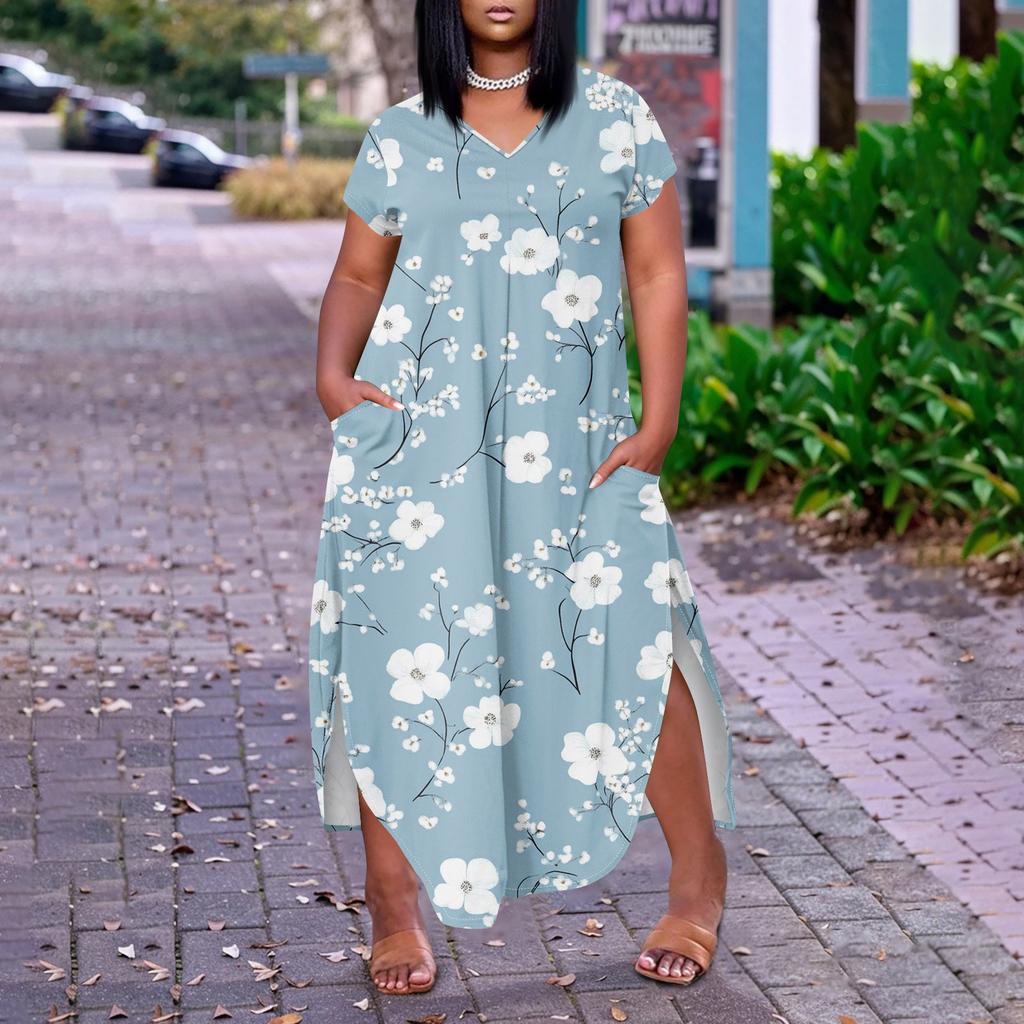 Женское платье макси с цветочным принтом, летнее повседневное платье с коротким рукавом, сарафан с V-образным вырезом, длинные платья с карманами, пляжный отдых