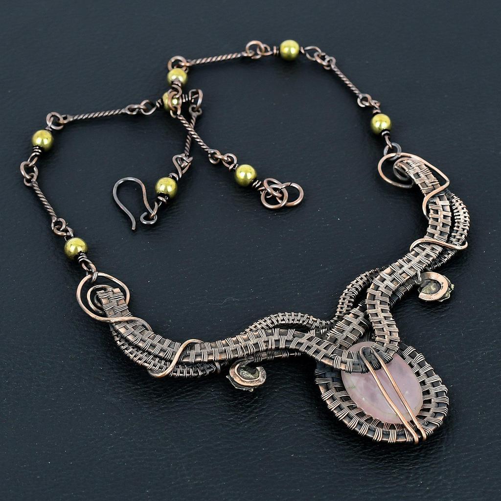 Rose Quartz Handmade Latest Design Jewelry Necklace, 999 Copper Wire Wrapped Gemstone Necklace, Gift For Mother