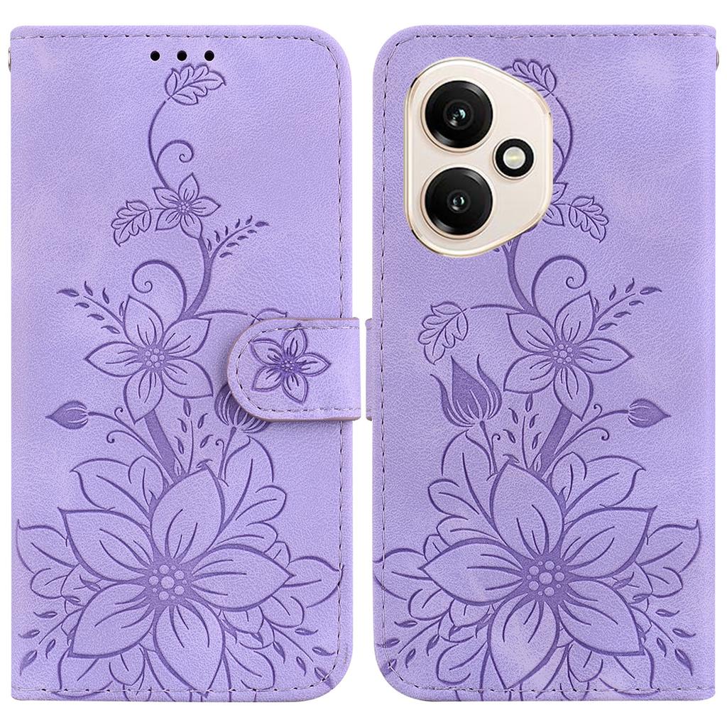 For Honor 400 5G (Global) Stand Case Lily Flower Imprint Leather Phone Cover with Wrist Strap