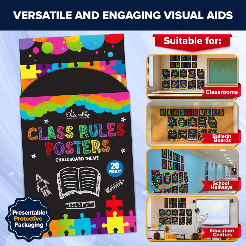 Decorably 20 Chalkboard Classroom Rules Poster High School, Middle and Elementary Class, pirational, Matte-Laminated School Banner Decor - for School