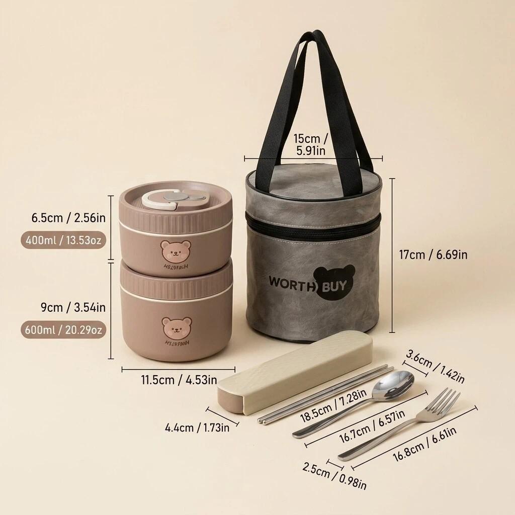 Kawaii 304 Stainless Steel Bento Box Thermal Lunch Box with Handle Microwave Safe Food Storage Containers for Kids Adults School