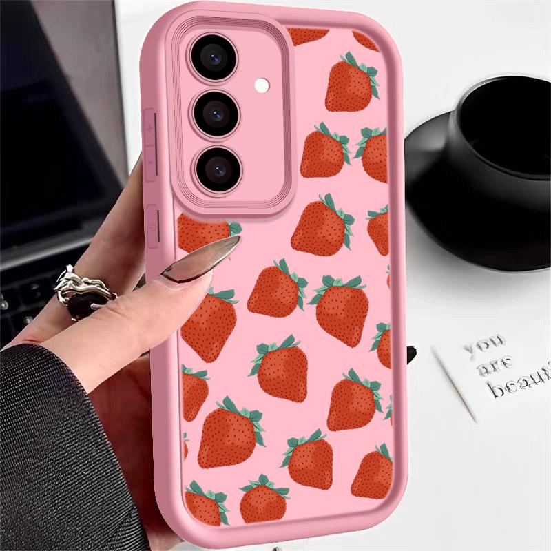 Чехол с изображением клубники для Samsung S25 S24 Fe S23 Ultra A55 A53 A35 A15 A06 A16, ударопрочный мягкий силиконовый защитный чехол для объектива цвета конфет