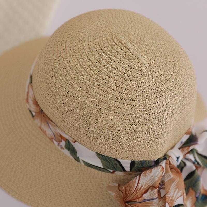 Flower Ribbon Bowknot Straw Hat Elegant Solid Color Sun Hat Trendy French Style Foldable Travel Beach Hats for Women Daily Use Summer Outdoor