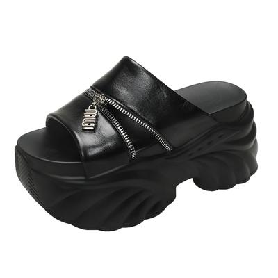 Модные женские шлепанцы на массивной подошве с молнией 9 см, летние женские пляжные шлепанцы, танкетки, каблуки, уличные сандалии, черные женские туфли на высокой платформе