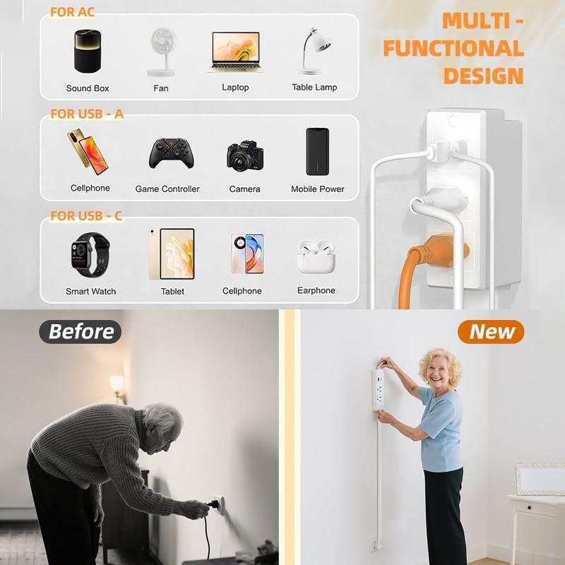 Retractable Socket Rotates Electrical Outlet Extender Charging Extension Power Socket Strip Adjustable Length for Nightstands