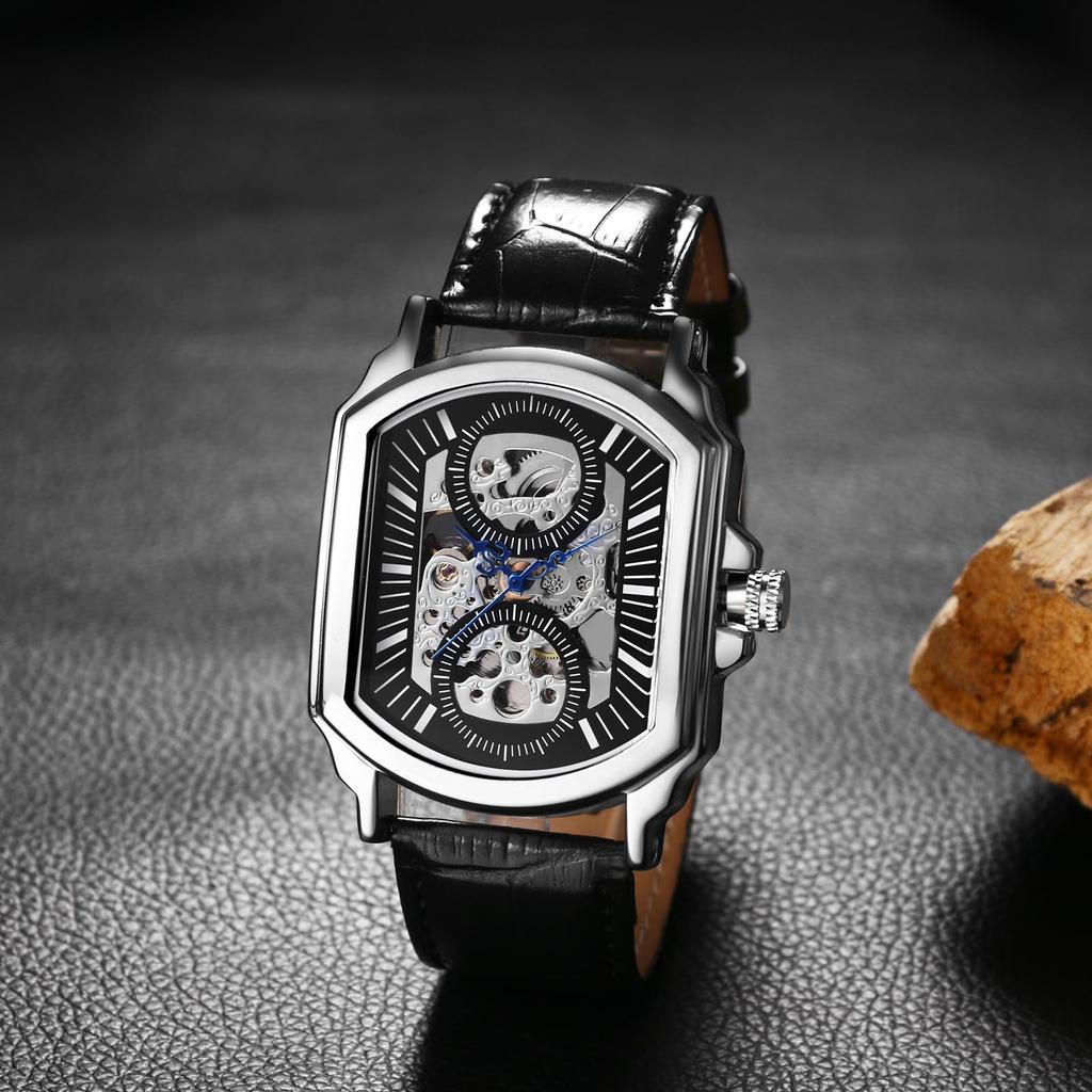 Автоматические часы с кожаным ремешком, аналоговые, стильные, квадратные, кварцевые, черные, аксессуары, подарок на день рождения, Рождество, мужские, водонепроницаемые, мужские -