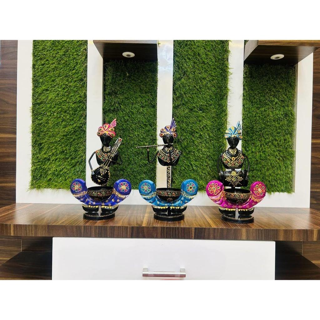 Metal Multicolor Musician Set of 3 With T-Light Stand Playing Musical Instrument Idol Handpainted Showpiece Office Decor (Each Size 7x12 Inch)