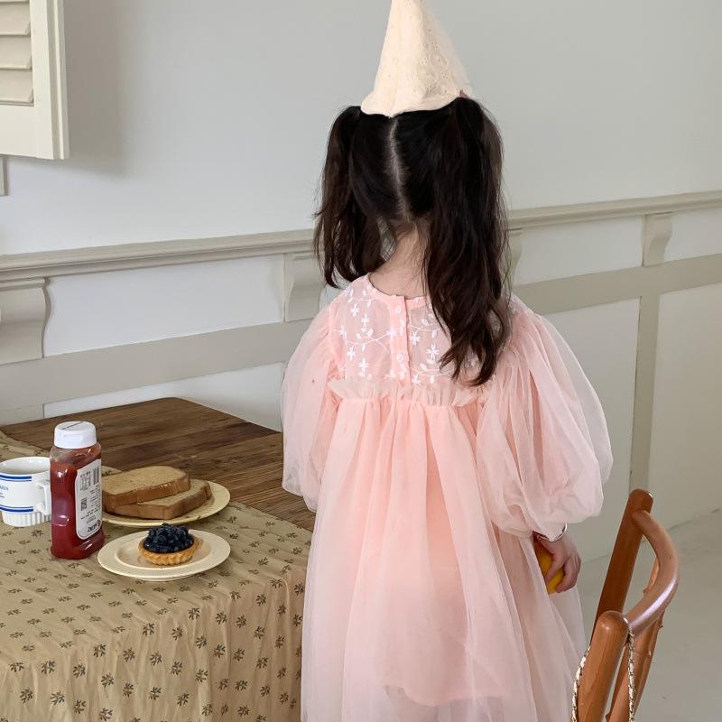 Детская одежда, весна-лето, тонкое кружевное тюлевое платье с длинными рукавами, корейский стиль, модные сетчатые платья принцессы для девочек, милые сказочные платья