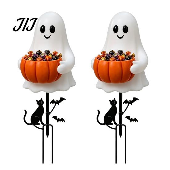 Weather Resistant Yard Art Halloween Ghost Candy Bowl Garden Stake, 2D Flat Pumpkin Holder with Cat Cute Decor And Bats, Trick or Treat for
