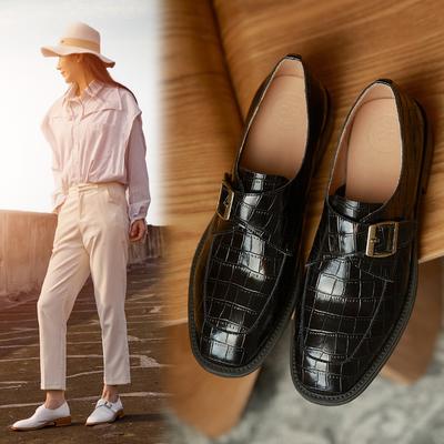 Женская обувь из натуральной кожи, модные лоферы без шнуровки с пряжкой и каменным узором, женская обувь ручной работы с круглым носком и толстым каблуком, размер 34–40