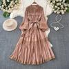 Lace Puff Sleeve Long Dresses Solid Korean Fashion Singe Breasted Elegant Retro Autumn Long Dress Ruffles Bow Women Dress