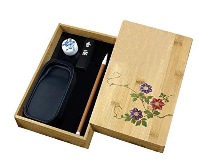 Kuretake Inkstone Box Tessen Set, Bamboo, Maki-e (Stone-Lip Design), KB718-900