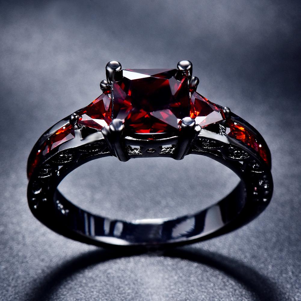 1 Pc Black Golden Color Princess Cut Red Stone CZ Claw Rings Wedding Band Jewelry Valentine's Day Gifts