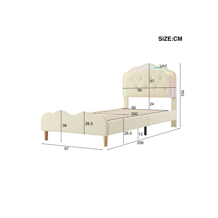 Lit rembourré - MUVOE - 90x200 cm - Tête de lit ondulée - Bandes LED multicolores - PU blanc