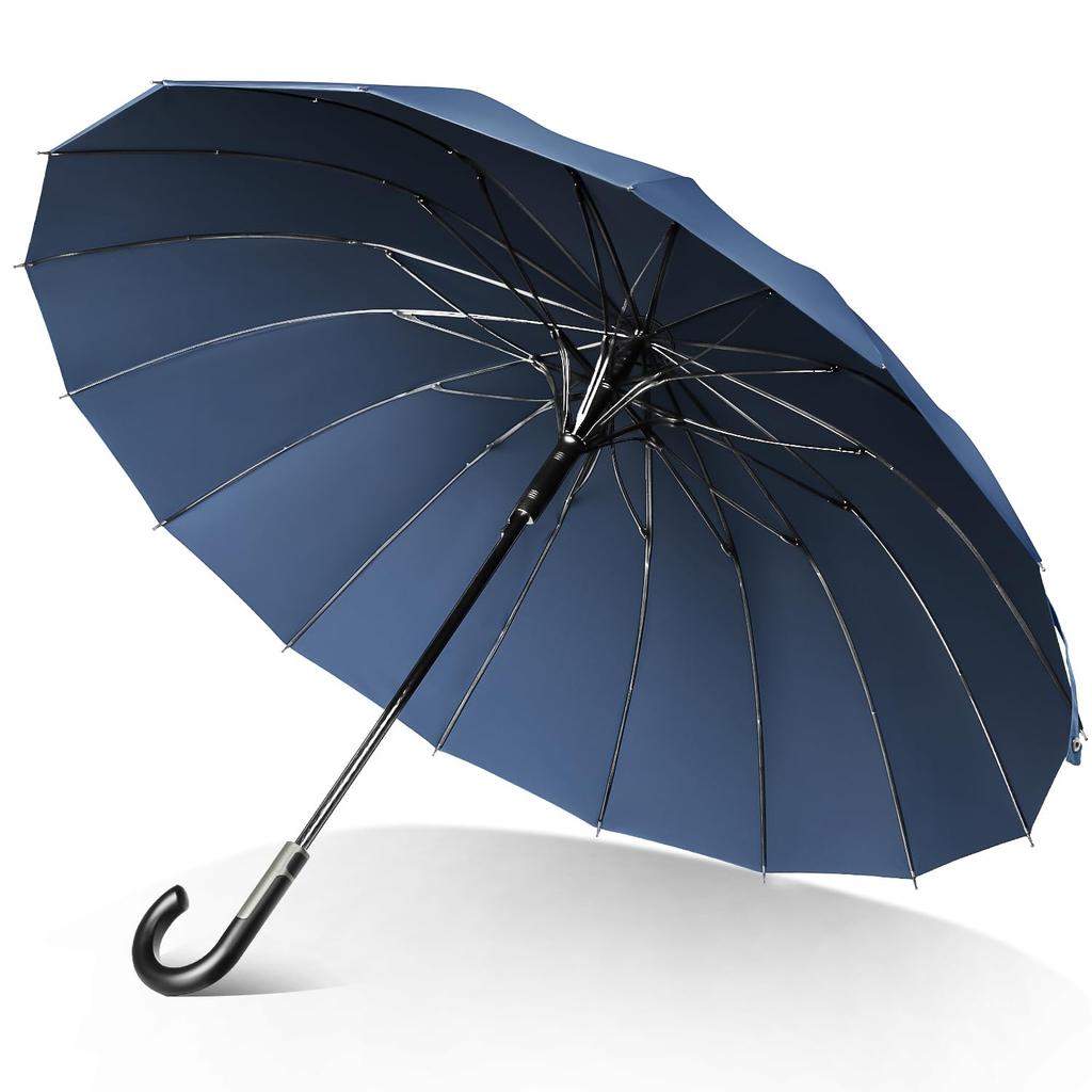 Long Umbrella with 16 Sturdy 115cm Fiberglass Automatic Teflon Super Heavy Rainy Season Recessed Suitable for Men and Sun and Includes Storage Cover