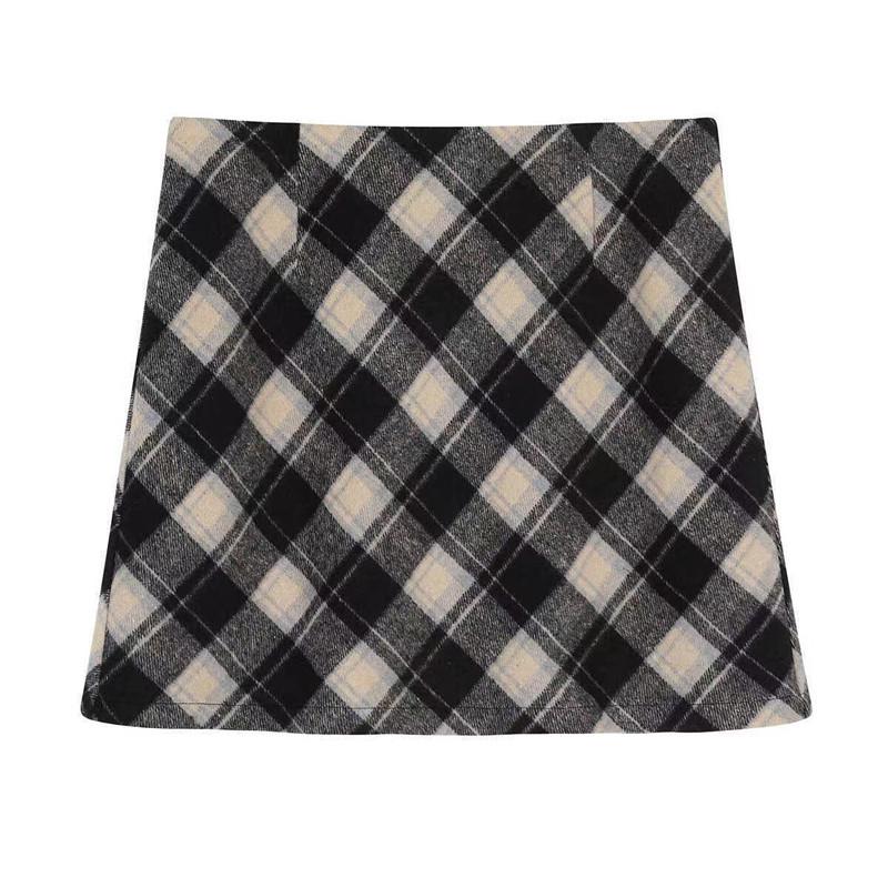 Женская мини-юбка в клетку из смесовой шерсти с завышенной талией в стиле ретро 2025 - Маленькая облегающая А-силуэта для осени/зимы