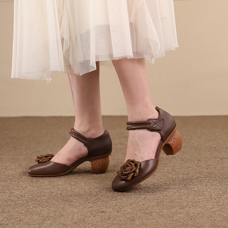 Johnature Универсальные сандалии из натуральной кожи с круглым носком на толстом каблуке в стиле ретро, ​​удобная женская обувь на высоком каблуке с цветочным принтом
