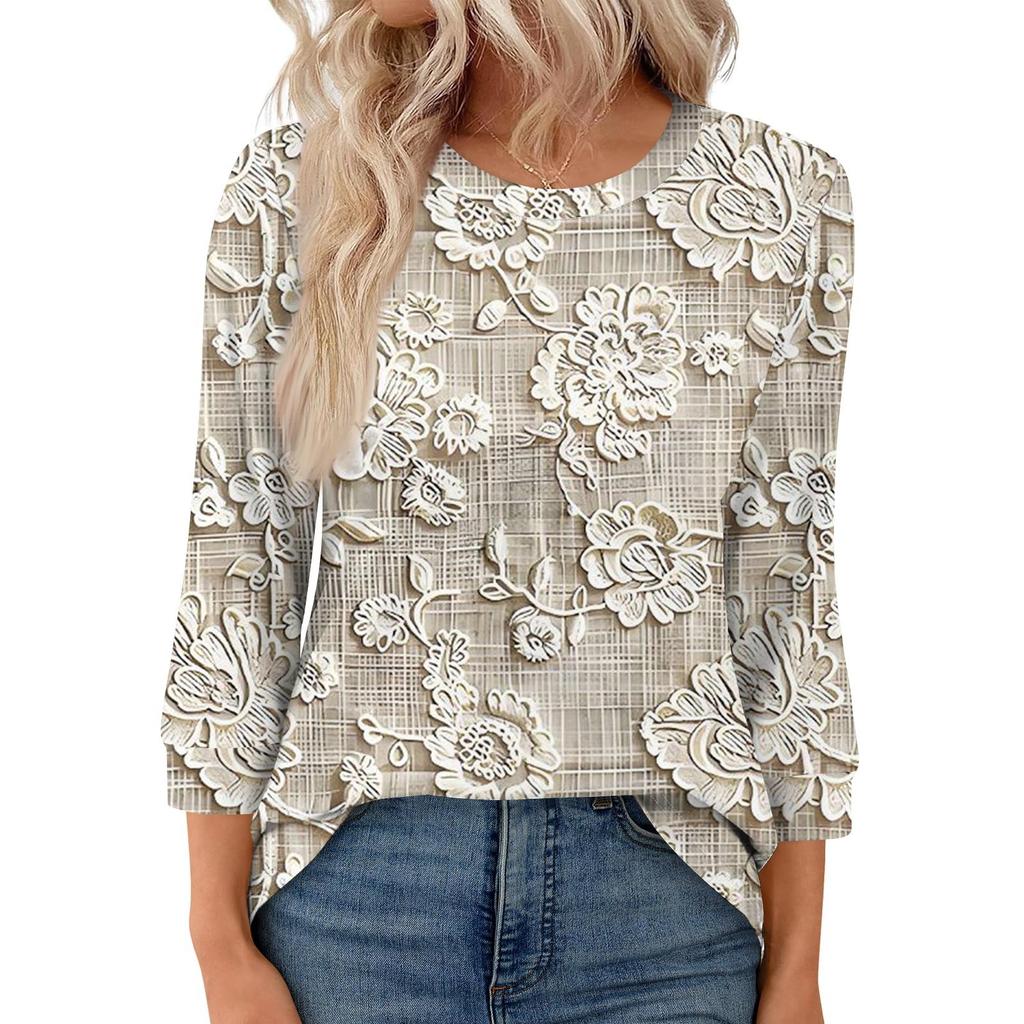 Женская модная повседневная свободная футболка с круглым вырезом и рукавами 3/4 с принтом, женский топ