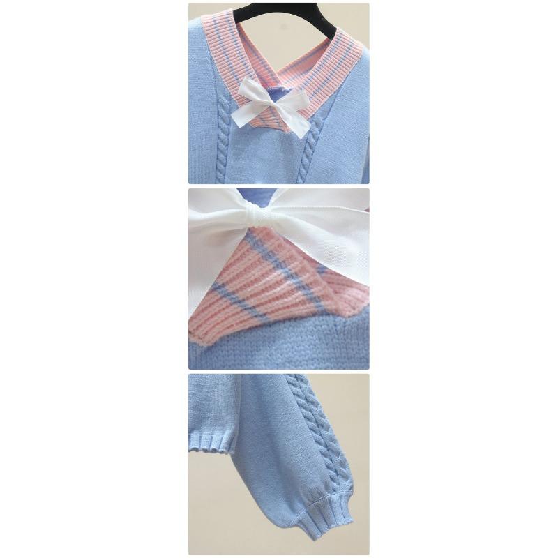 Women's Kawaii Short Knitted Sweater Sweet Candy-colored Bow V-neck Pullover Women's 2024 Spring Leisure Lantern Sleeve S