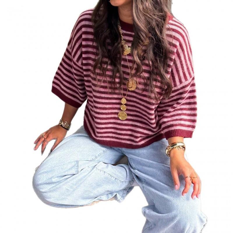 Womens Striped Knit Sweater Loose Fit Batwing 3/4 Sleeve Casual Top