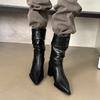 2025 новые осенне-зимние ботинки-чулки на среднем каблуке с острым носком, заклепками, плиссировкой, толстым каблуком, лацканом, короткие ботинки Мартин