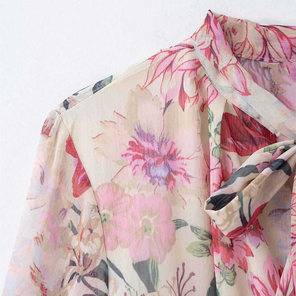 Весеннее платье миди с цветочным принтом, поясом, воротником-бантом и длинными рукавами для женщин.