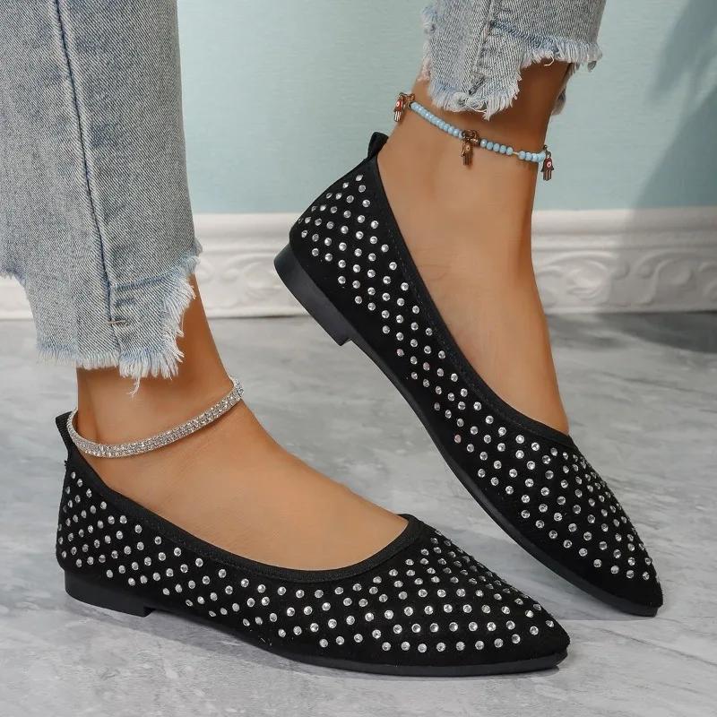 Модные женские туфли на плоской подошве, осенние, новые, с острым носком, с неглубоким горлом, со стразами, мягкая подошва, противоскользящие, износостойкие, одинарные туфли