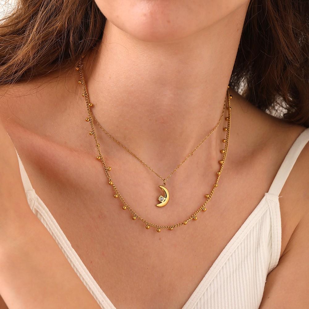 Simple zircon moon pendant necklace small gold ball bean fringed collarbone chain women's stainless steel stacked jewelry