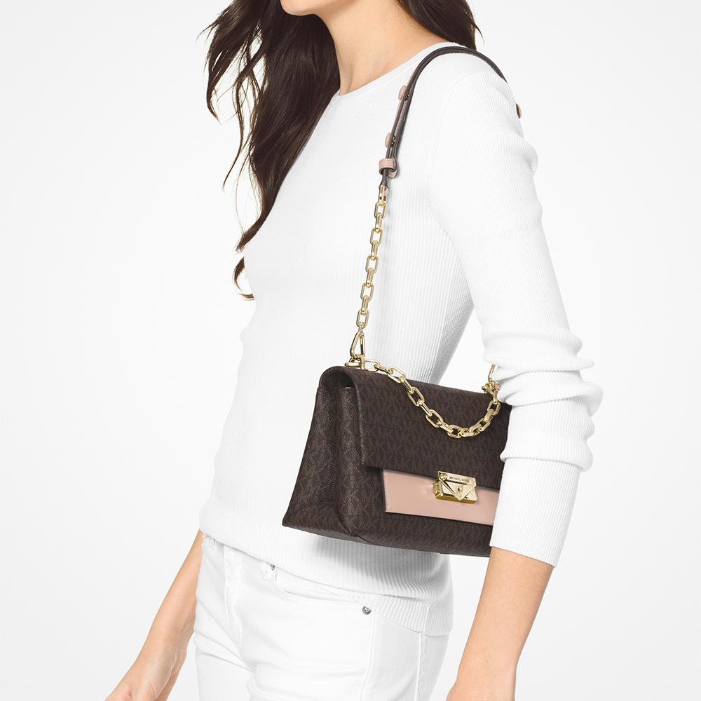 Michael Kors Mk Cece Сумка через плечо с клапаном и цепочкой Color Block Женские сумки Коричневый Мягко-розовый 30T9G0EL2B266