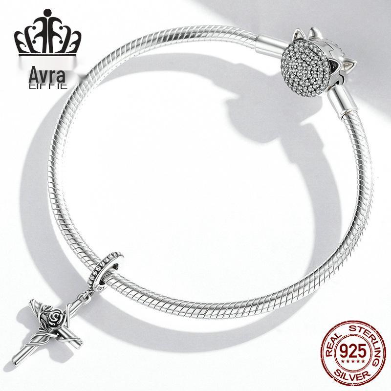 S925 Sterling Silver Rose Cross Pendant Bracelet with European & American Style Flower Beads