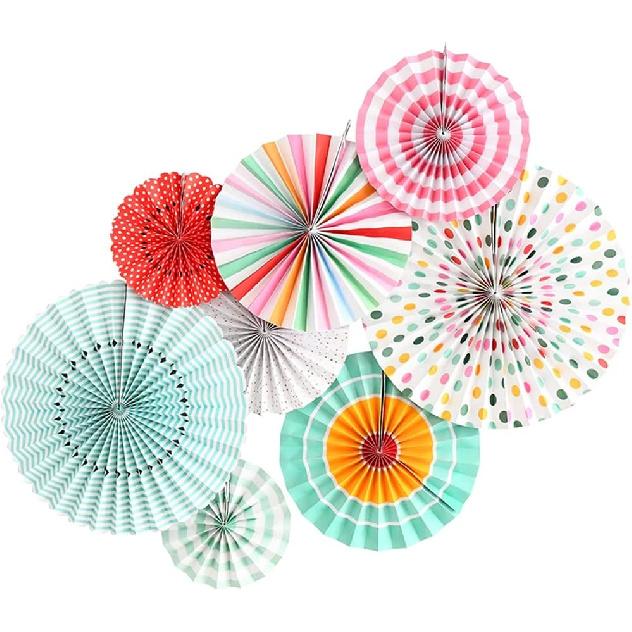 Hanging Paper Fans Party Set, Round Paper Fan Party Decoration, Set of 8 Decorative Flowers for Birthday Baby Boy Shower Graduation Wedding Classroom