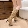Женская обувь 2024 Высокое качество Слипоны Женские ботинки Плиссированные Современные ботинки Женские Сексуальные С острым носком Однотонные Ботинки до середины икры