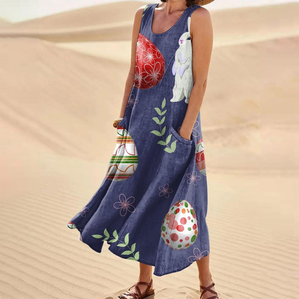 Women's Summer Casual Fashion Easter Printed Sleeveless Round Neck Pocket Dress