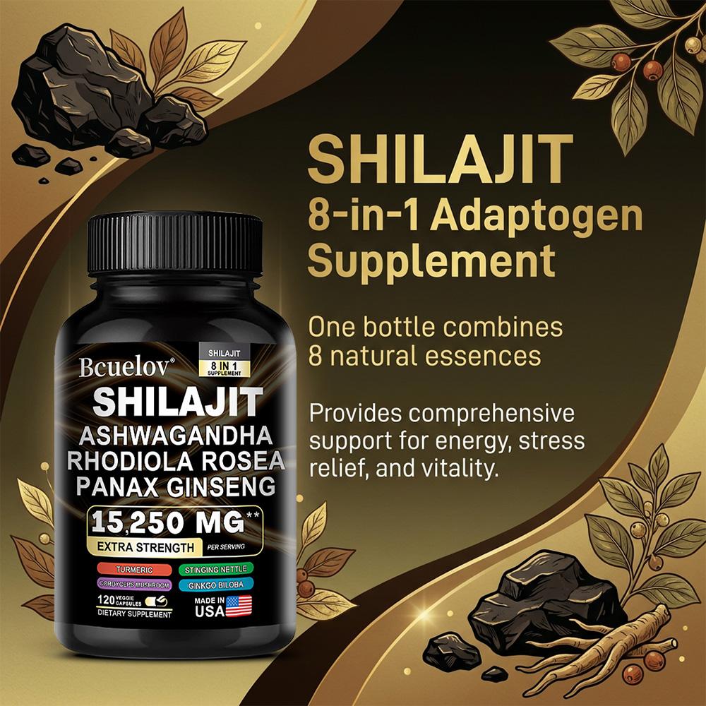 Bcuelov Shilajit 8-in-1 Adaptogen Supplement Capsules, 120 Count