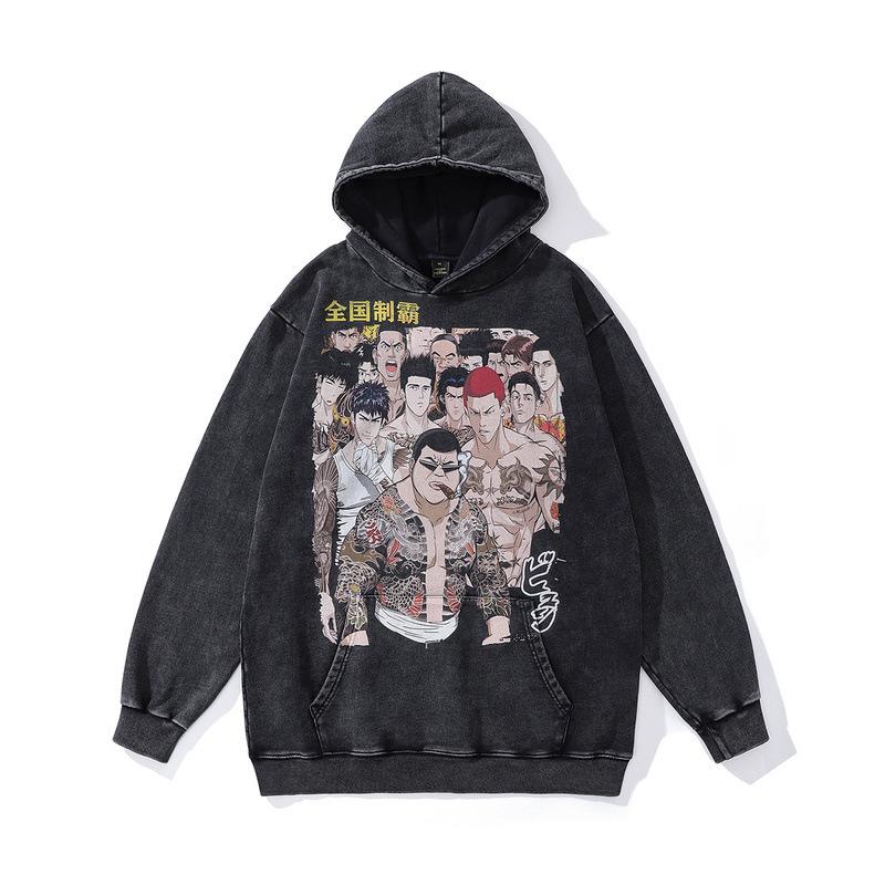 Digital Direct Injection Printing Hooded Sweater American Street Retro Pure Cotton Washed Old Hoodie Men