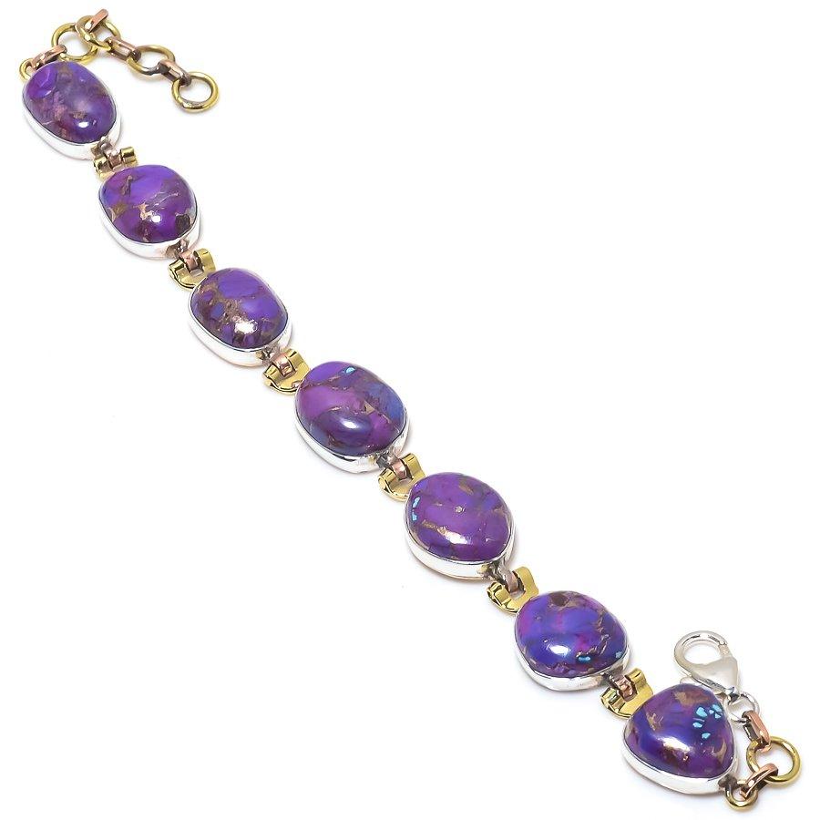Natural Copper Turquoise Gemstone 925 Sterling Silver TwoTone Bracelet 7-8" T6j23