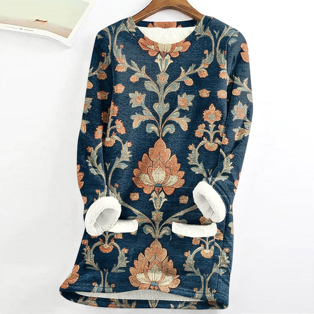 Women's Round Neck Top Printing Thickened Plush Cashmere Warm Long Top