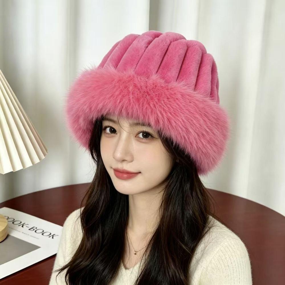 Ribbed Crown Faux Fur Bucket Hat Faux Fur Furry Brim Hat New Plush Cloche Cap Daily Outfits