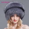 Real Fox Fur Big Top Hat for Women Winter Raccoon Fur Bomber Beanie Warm Fluffy Outdoor Warm Ear Protection Trapper Hat